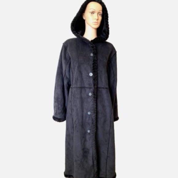 NWT ANNE KLEIN Black Hooded Vegan Suede Faux Fur Long Coat Plus Size 2X - Picture 1 of 10